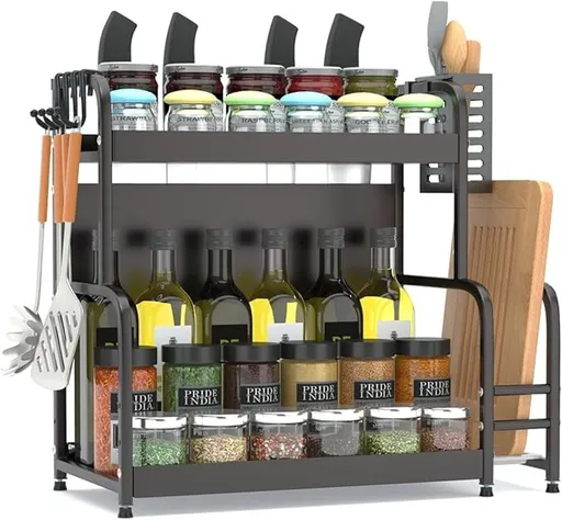 Extendable spice rack with storage accessories - 2 tiers