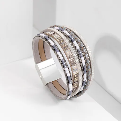Grey Bohemian Multi-Layer Leather Bracelet for Women - PU Faux Leather with Alloy Magnetic Clasp - Handwoven Cuff Bangle, Lightweight Fashion Jewelry Accessory