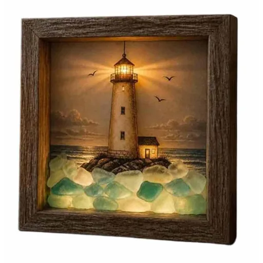 Coastal Lighthouse Sea Glass Shadow Box Night Light, Handmade Sea Glass Shadow Box with LED Warm Glow, Nautical Beach Ocean Wall Decor for Bedroom Shelf Entryway Home
