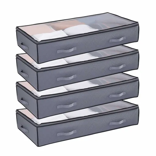 Under Bed Storage with Clear Lids, 996 x 500 x 180 mm, 90L Large Underbed Clothes Storage Containers, Low Profile Under Bed Drawer Shoe Organizer Bins Box for Blanket Shoe Bedroom, 4 Pack