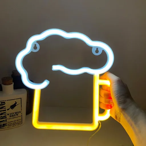 Neon Beer Signs ,Battery Operated& USB Powered White & Yellow Beer Mug Light up Sign Gifts for husband,LED Wall Art Décor