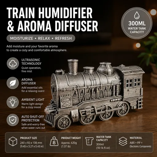 Silvery Retro Train Aromatherapy Humidifier - 300ml Ultrasonic Cool Mist Diffuser with Jellyfish Smoke Ring, LED Night Light for Bedroom Office Desk Decor