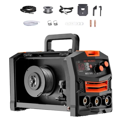 MIG Welder, 130A Synergic Mig Welding Machine, 2-in-1 Gas MIG/Gasless Flux Core MIG Multi-Process Welder Machine, Portable Mig Welder with IGBT Inverter Technology & Digital Display Screen