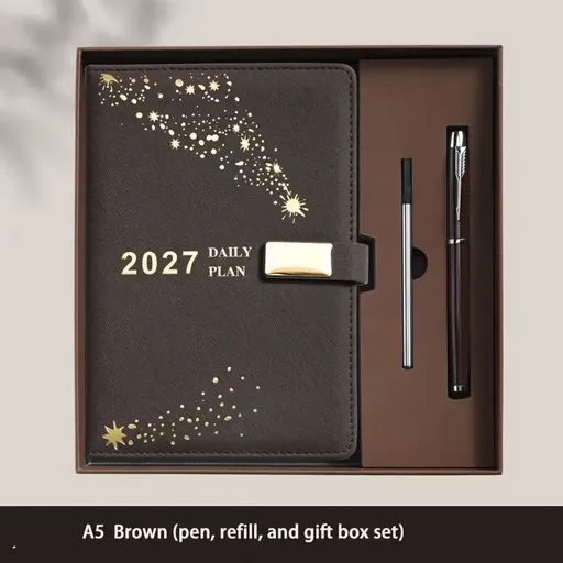 2027 Hardcover Daily Planner: Textured Faux Leather Cover, Smooth Eye-Friendly Thick Paper, Gift Box Set for Work or Gifting.(BROWN)