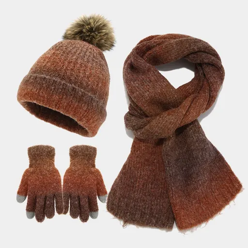 Unisex Winter Set Knit Hat Scarf Touch-Screen Gloves Winter Accessories Warm - Caramel color - Size L