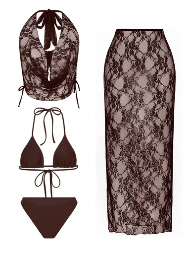 4 Piece Women's Sexy Lace Bikini Swimsuit Set, Coffee XL Size - High Elasticity Triangle String Bikini Top & Bottom, Sheer Lace Cover-Up Top and Maxi Skirt