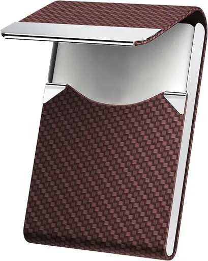 Men's Premium Leather & Stainless Steel Business Card Holder with Magnetic Closure - Brown