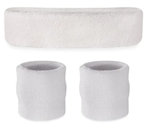 WRISTBAND & HEADBAND SET Tennis Terry Towelling Cotton Sweat Band Team Gym - White