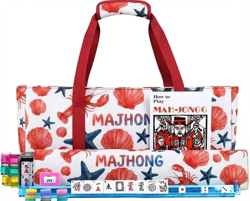 Mahjong Game Set, 166 Blue Tiles (1.2”), 4 All-in-One Color Rack/Pushers & Drawstring Bag, Complete Mahjong Sets with Blue Printed Carrying Bag and Mahjong Tile Set Accessories