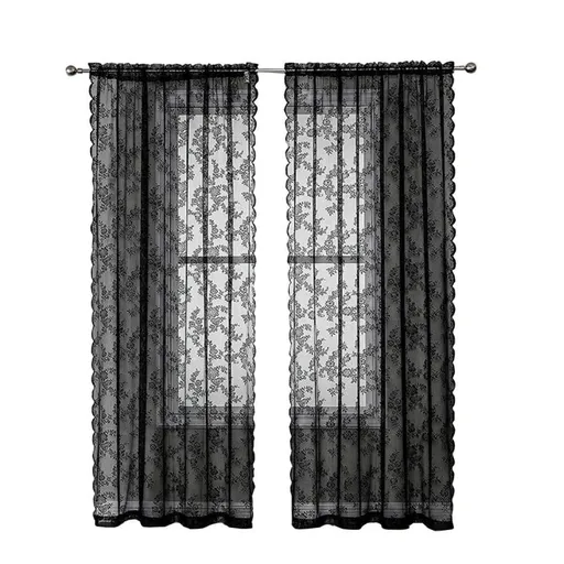 1 Pair Black Lace Curtain Semi-sheer Vintage Floral Pattern for Bedroom and Living Room, 100cm x 100cm
