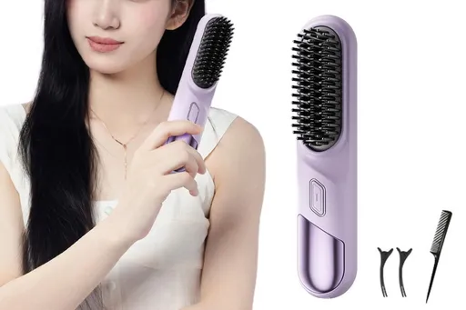 Portable Cordless Heated Straightening Brush for Travel Cordless Hair Straightener Brush Comb Straightener for Women -Purple