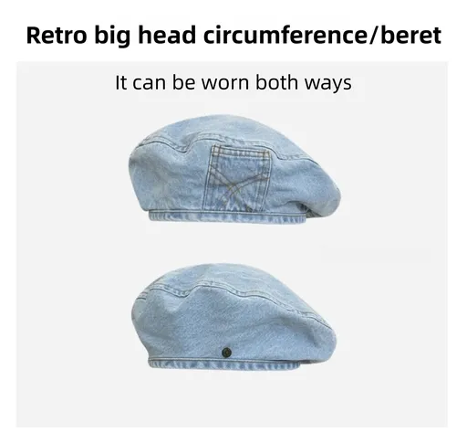 Women's Vintage Washed Light Blue Denim Beret - 22" Large Head Circumference Lightweight Reversible Painter Octagonal Newsboy Cap