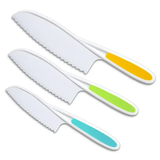 Knives for Kids 3-Piece Kitchen Cooking and Baking Knife Set: Montessori Children's Knives in 3 Sizes & Colors/Firm Grip