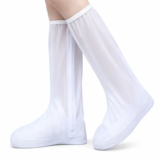 White 3XL High Top Waterproof Rain Shoe Covers - 40 cm Reusable Overshoes with Side Zip, Double-Layer Waterproof Flap, Non-Slip Thickened Sole for Travel and Wet Weather