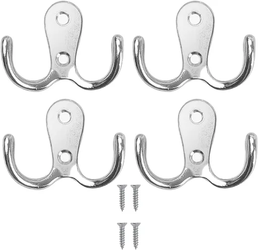 4 pieces of coat hooks with double pins, metal coat hangers, double coat hooks, suitable for bathroom, bedroom, door, wall, clothes, can hang jackets, scarves, bags, towels, keys, hats, with 8 screws
