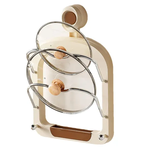 Pot Lid Organizer Rack - Suctions Cup Mount Storages Stand, No Drill Installation, Adjustable Holder for 5 Lids, Pot Lids Storage Rack, Pan Covers Storage Stand | Kitchen Pan Cover Organizer for Cabin - Beige-Brown - Size 12.4*8.19in