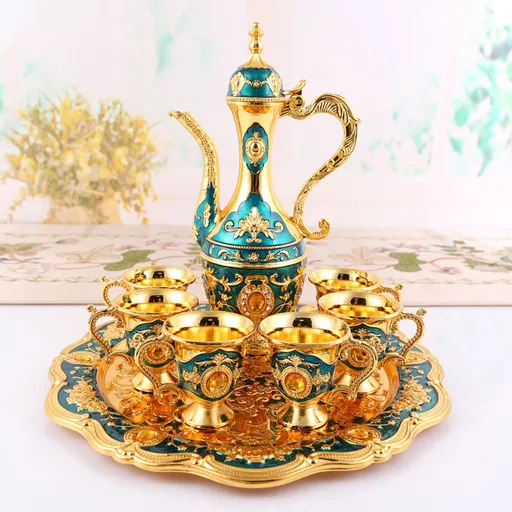 Elegant Gold Metal Serving Set - Decanter, 6 Cups, Tray (Gold blue)
