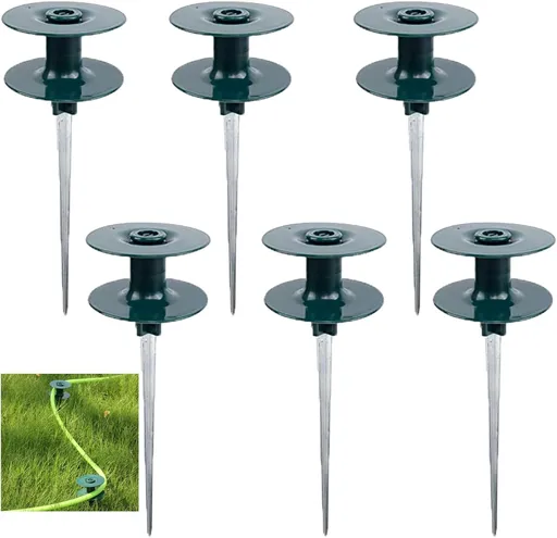 6 Pack Hose Guard Stake, 10 Inch Green ABS & Zinc Alloy Garden Hose Guide Spike with Heavy Spin Top, Protects Plants & Landscaping