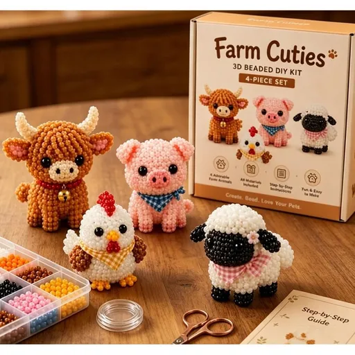 3D Farm Animal Beading Kit, Full Color Bead Pack with Cow Pig Chicken Sheep Figures, Beginner DIY Craft Set for Desktop Home Decor Art Supplies