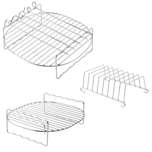 3 Piece Stainless Steel Air Fryer Accessory Set with Grill Rack, Skewers and Toast Rack for Compatible Air Fryer Baskets, Silver