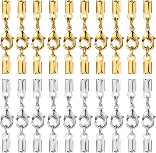 20 Pieces Fold Over Cord Ends Cord Crimp Tips, Copper Jewelry Connector Clasp Caps for Leather Cords, Ribbon, DIY Bracelets Necklace Jewelry Making, 3.5 x 9 mm/ 0.14 x 0.35 Inch (2 Colors)