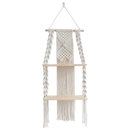 Wall Hanging Shelf 2 Tier Boho Wall Plant Hanger Shelves, Handmade of Woven Rope Boho Shelves Organizer for Living Room Bathroom