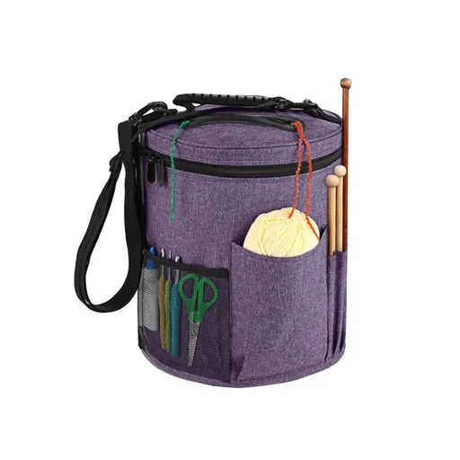 Purple Crochet Yarn Organizer Bag – Large Capacity Knitting Tote with Yarn Feed Holes, Crochet Hook & Tool Pockets – Durable Oxford Yarn Storage Bag for Knitting and Crochet Projects