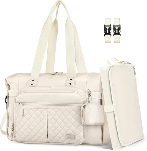 Large Baby Nappy Bag with Fold-Out Changing Mat, Multiple Storage Pockets and Insulated Bottle Holders for Travel, Cream