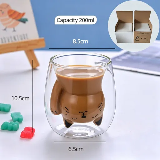 Transparent Cartoon Cat Double Wall Glass Cup High Borosilicate Insulated Beverage Mug Pearl Cotton + Paper Box Popular Christmas Holiday Gift