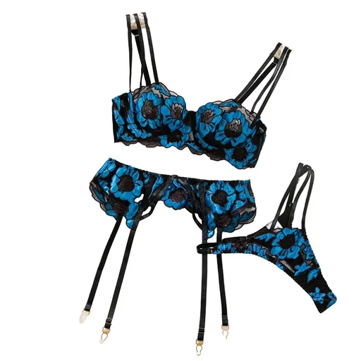 House Of Dasein Sexy Sheer Lace Embroidered Hollow-Out Shapewear Erotic Lingerie Garter Belt Three-Piece Set - Blue - L