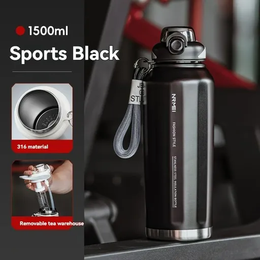316 Stainless Steel Water Bottle Outdoor Insulated Bottle Sports Straw Bottle - Black - Size 1000ml