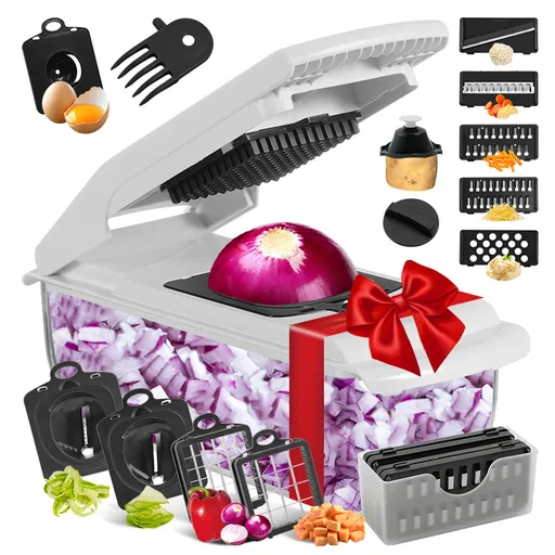 18-Piece Multi-Function Vegetable Chopper, Rotary Grater, Spiralizer and Slicer for Home Kitchen (Black and white)