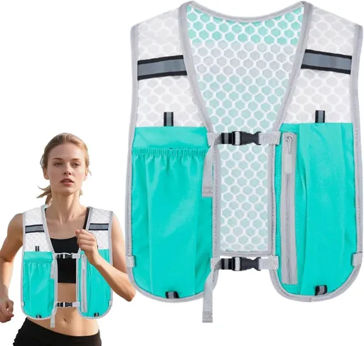 Reflective Running Vest with Phone Holder, Hydration Bladder Pocket and Adjustable Straps for Cycling and Marathons, Turquoise and White