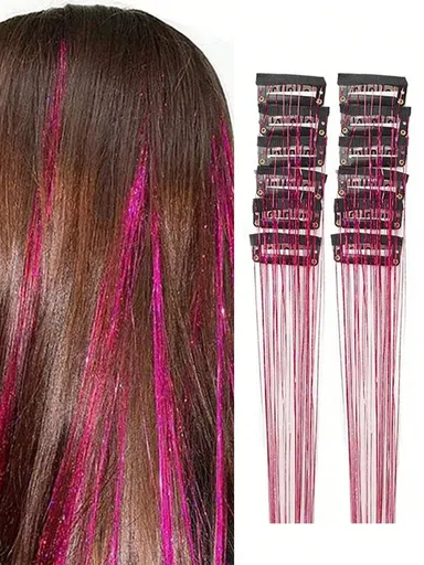 12Pcs Hair Tinsel Clip In 20Inch Fashion Glitter Tinsel Synthetic Straight Hair Extensions Clip In Hair Tinsel Kit Heat Resistant Shiny Sparkle Fairy Hair Accessories For Women Pink