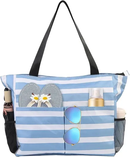 Women's Zipper Beach Bag, Versatile Large Capacity Beach Bag, 8 Compartments, Foldable, Portable Bag, for Women, Waterproof Bag for Beach, Blue