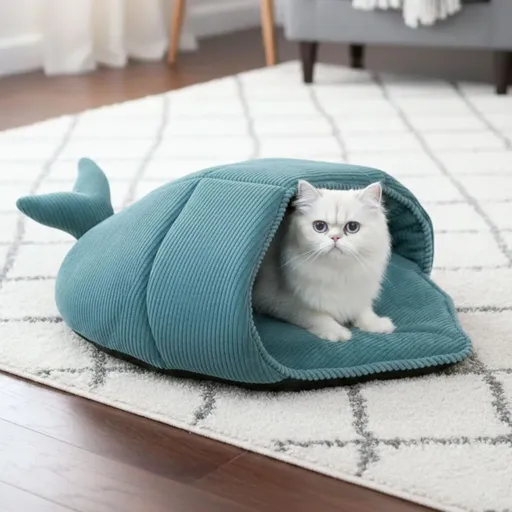 Cozy Whale-Shaped Semi-Enclosed Cat Bed, Plush Corduroy Pet Hideaway & Nap Sack – Soft, Washable, and Perfect for Year-Round Snuggling, Playing, or Peaceful Privacy in Any Living Space (Cyan)