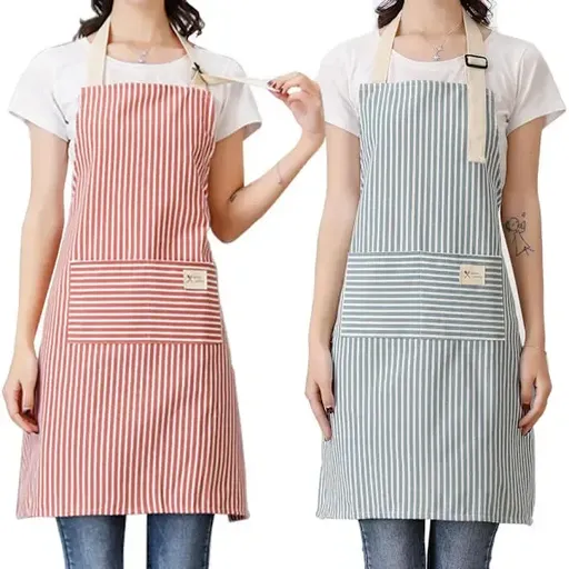 2 Pack Adjustable Cotton Linen Kitchen Aprons with Pockets for Cooking, Baking, BBQs and Craft Work, Striped, 71 x 66 cm