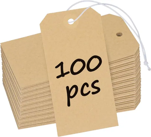 100 Pcs Kraft Blank Shipping Tags with Elastic String Attached Hanging Paper Tags with Reinforced Eyelet Large Marking Price Tag Inventory Label Tag, 4.7" x 2 3/8"