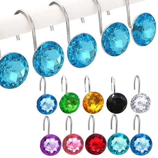 Shower Curtain Hooks Rings Diamond, Crystal Decorative Shower Curtain Hooks, Set of 12 Stainless Steel Rust-Proof Round Rhinestones Shower Curtain Rings Hangers for Bathroom