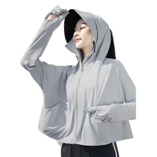 Light gray UPF50+ Sun Protection Hoodie for Women - Breathable Polyester Long Sleeve Cover-Up with Detachable Brim and Face Mask, Lightweight 300g Design for Outdoor Cycling Beach Travel