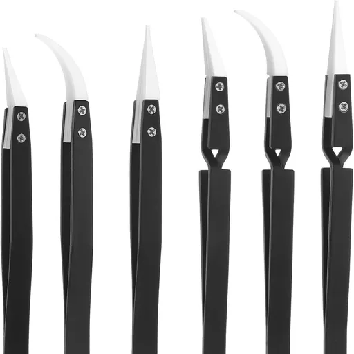 6 Pcs Precision Reverse Ceramic Tweezers Set, Non-Conductive Heat-resistant Electronics Soldering Tweezers Anti-Magnetic Pointed & Curved Tips Tweezers for Solder, Pinching Coils