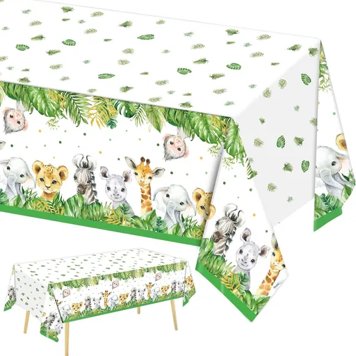 Jungle Wildlife Park Tablecloth, Animal Printed Tablecloth, Sage Green Baby Shower Decoration, Zoo Tablecloth