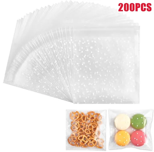 200 Pcs Self Sealing Cellophane Bags, Clear Cookie Bags, Individual Wrappers Treat bags for Packaging Cookies, Biscuit, Candy, Gift Giving (White Polka Dot, 2.2x2.2inches)