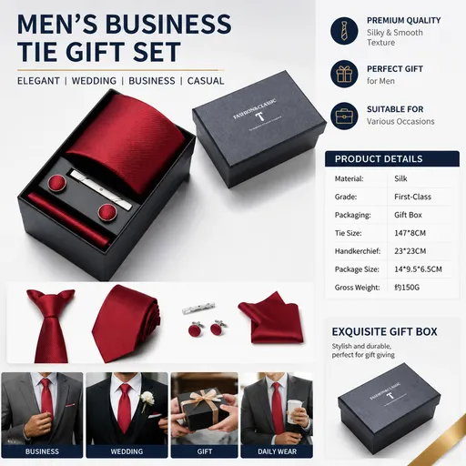 Red Premium Men's 4-Piece Formal Tie Set - Necktie, Pocket Square, Cufflinks, and Tie Clip in a Luxury Gift Box