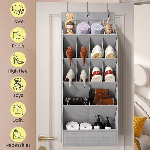 Over The Door Shoe Organizer, 15 Large Pockets Hanging Shoe Storage Bag, Space Saving Door Hanging Organizer for Shoes & Home Accessories, Grey