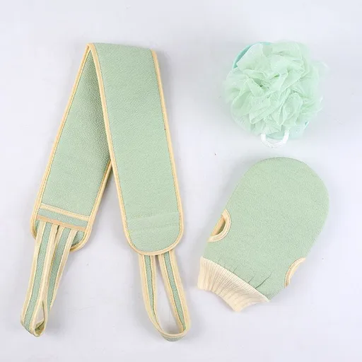 Green 3-Piece Exfoliating Bath Set with Long-Handle Back Scrubber, Exfoliating Glove & Loofah Sponge for Deep Cleansing