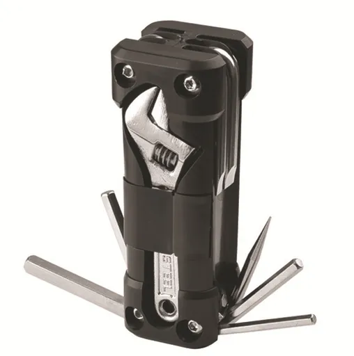Black Compact 16-in-1 Bicycle & Motorcycle Repair Multi-Tool with Adjustable Wrench & Socket Set