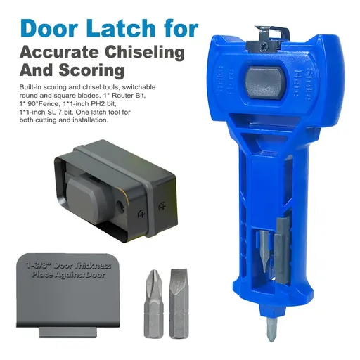 Multi-Function Door Lock Installation Chisel Tool with Interchangeable Scoring Blades, Wood Chisel, Screwdriver Bits and 90° Positioning Bracket for Precise Mortise Marking and Hardware Fitting (Blue)