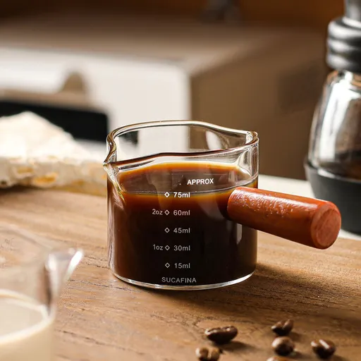 2 Pack Double Spout Espresso Measuring Cups, Heat-Resistant Glass Shot Cups with Wooden Handles for Coffee and Sauces
