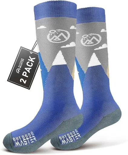 OutdoorMaster Merino Wool Ski Socks for Kids Boys & Girls Thermal Winter Warm Snowboarding Cold Weather-Blue Mountains - 2 Pack,Small